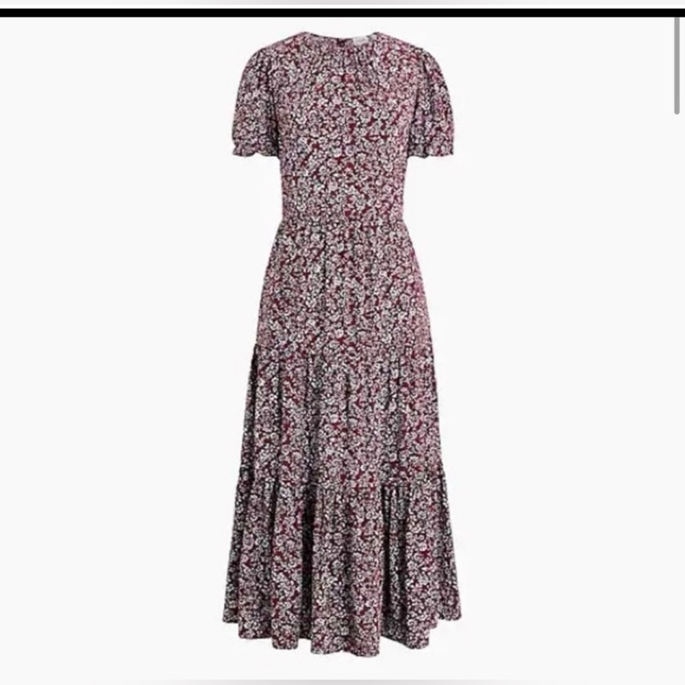 J. Crew Burgundy Floral tiered Puff Sleeve Midi Dress Size XS - Picture 1 of 16
